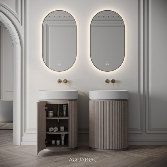 Rotunda Fluted Vanity Unit & Stone Basin 600mm Sabbia Grigio Oak